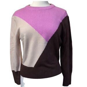 Lush Pink,Brown & Light-brown Geo color block sweater w/rib cuffs Size Small
